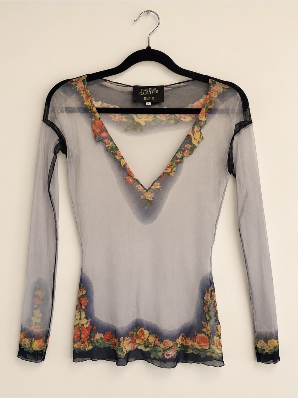 Jean Paul Gaultier Sheer Black Long Sleeve Top with Floral Trim